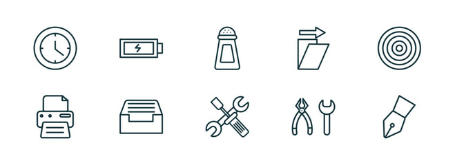 Poster - set of 10 linear icons from tools and utensils concept. outline icons such as circular clock, charged battery, pepper container, reparation, tools and utensils, ink pen vector