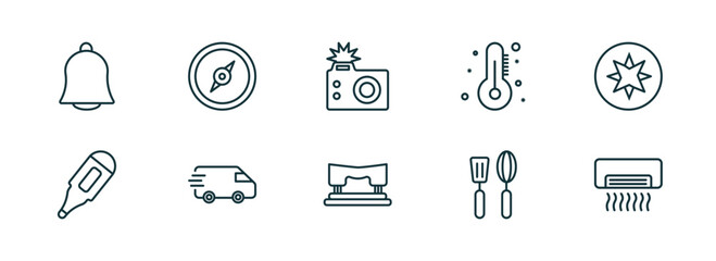 Poster - set of 10 linear icons from tools and utensils concept. outline icons such as hanging bell, cardinal, camera with flash, hole puncher, kitchen tools, air conditioning vector
