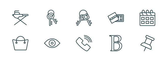 Poster - set of 10 linear icons from tools and utensils concept. outline icons such as iron table, key ring, key ring with two keys, ringing, bold, school push pin vector