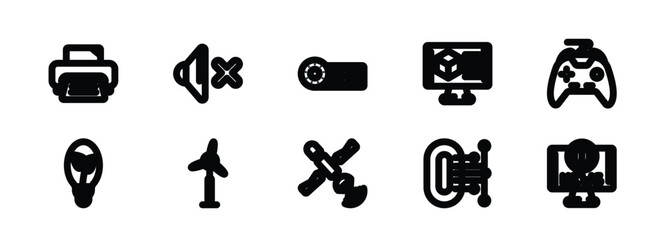 Poster - set of 10 linear icons from technology concept. outline icons such as printer tool, no audio, horizontal film strip, satellite transmission, zero, world news vector