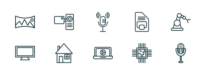 Wall Mural - set of 10 linear icons from technology concept. outline icons such as panoramic, video camera front view, microphone voice, open laptop, big chip, radio microphone vector