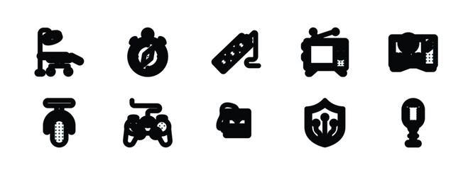 Poster - set of 10 linear icons from technology concept. outline icons such as operating table, navigation compass, tee power, 3d printers, shields, vintage mic vector