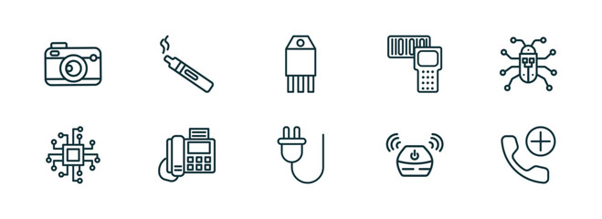 Poster - set of 10 linear icons from technology concept. outline icons such as vintage digital camera, electronic cigarette, transistor, basic plug, wireless gadget, add call vector