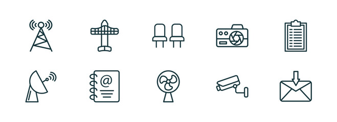 Poster - set of 10 linear icons from technology concept. outline icons such as cell tower, solar plane, chairs, ventilator, surveillance camera, received vector