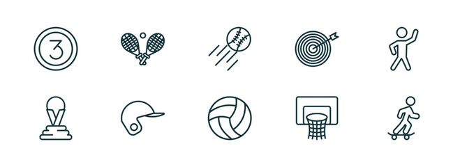 Poster - set of 10 linear icons from sports concept. outline icons such as third, tennis game, home run, volleyball ball, basketball basket, boy with skatingboard vector