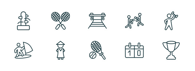 Poster - set of 10 linear icons from sport concept. outline icons such as wing chun, badminton, work bench, tennis, scoreboard, trophy vector