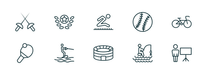 Poster - set of 10 linear icons from sport concept. outline icons such as fencing, award, long jump, estadio, fishing man, training vector
