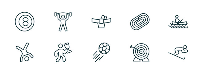 Poster - set of 10 linear icons from sports concept. outline icons such as ball pool, exercise gym, mawashi, soccer, archery, skiing down hill vector