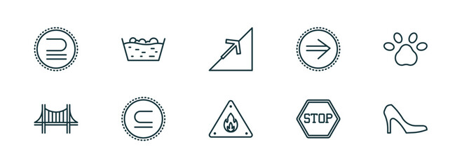Poster - set of 10 linear icons from signs concept. outline icons such as is a sub of, washing, slope, fire warning, stop, high heels vector