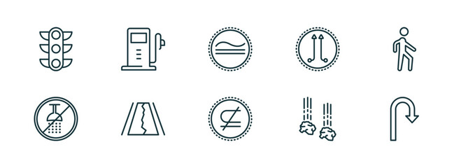 Poster - set of 10 linear icons from signs concept. outline icons such as traffic, gas station, is congruent to, is not a sub, falling rocks, u turn vector
