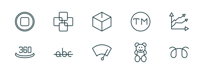Poster - set of 10 linear icons from shapes concept. outline icons such as round stop button, four squares, blank cube, winshield wiper, toys, glowplug vector