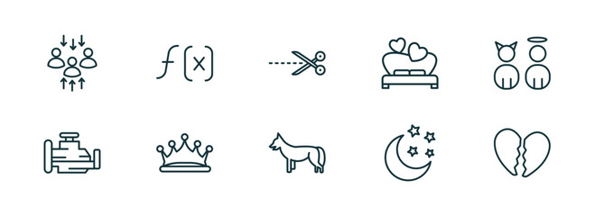Poster - set of 10 linear icons from shapes concept. outline icons such as assembly area, function, cut here, jackal, clear night, broken heart vector