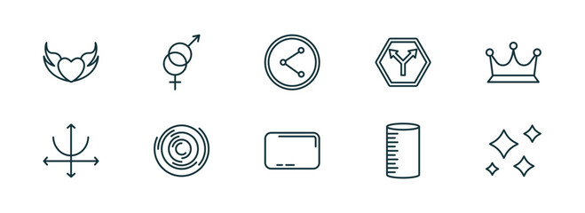 Poster - set of 10 linear icons from shapes concept. outline icons such as devil heart with wings, male and female, net contents, rounded rectangle, cylinder volumetric, morning star vector