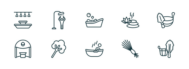 Poster - set of 10 linear icons from sauna concept. outline icons such as light stimulation, dousing shower, asian bath, 2steam bath, birching, vasta vector