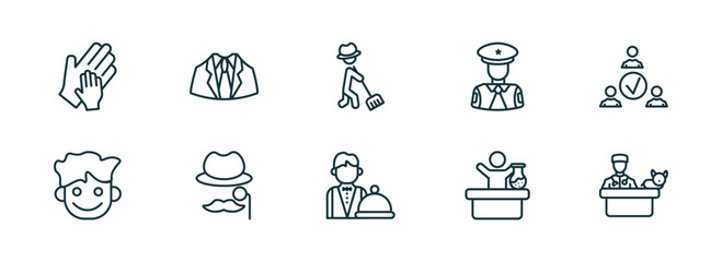 Aufkleber - set of 10 linear icons from people concept. outline icons such as hand of an adult, business suit, farmer working, waiter working, chemist working, vet with cat vector