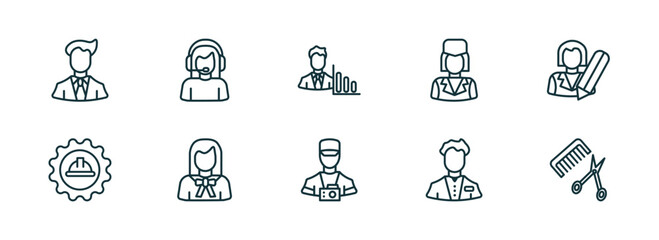 Poster - set of 10 linear icons from professions concept. outline icons such as businessman, callcenter, statistician, photographer, clerk, hairdresser vector