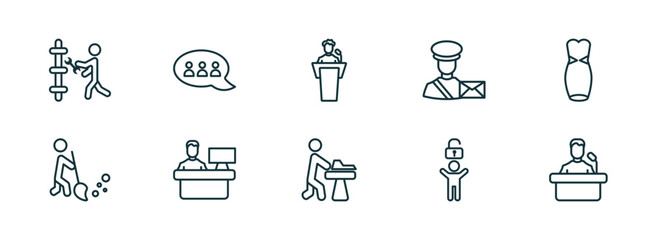 Poster - set of 10 linear icons from people concept. outline icons such as plumber working, chat group, man giving a speech, carpenter working, man with open lock, leader speech vector