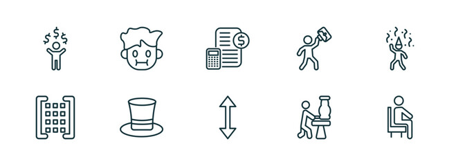 Poster - set of 10 linear icons from people concept. outline icons such as man with money, sick smile, book keeper, vertical, sculptor working, sit down vector