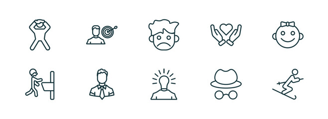 Poster - set of 10 linear icons from people concept. outline icons such as pulling hair, man with target, sad smile, man with idea, hat and glasses, ski stick man vector