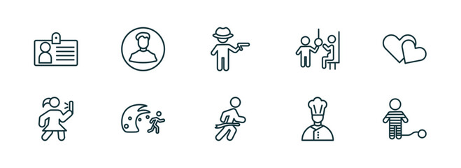 Poster - set of 10 linear icons from people concept. outline icons such as identification pass, male users, criminal heist, running at finish line, cook, war prisioner vector