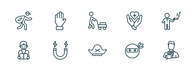 Aufkleber - set of 10 linear icons from people concept. outline icons such as steal, slap, person mowing the grass, pirate head, ninja portrait, tumb up business man vector