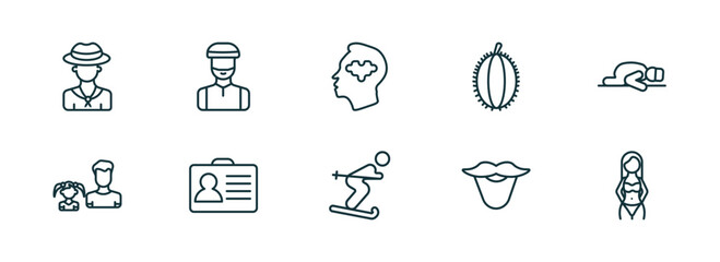 Wall Mural - set of 10 linear icons from people concept. outline icons such as colombian, muslim man, psychology, man skiing, beard, seductive vector