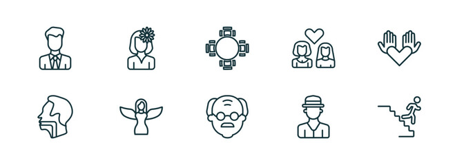 Poster - set of 10 linear icons from people concept. outline icons such as bussiness man, woman with flower, round table, old man, spanish man, downstairs vector