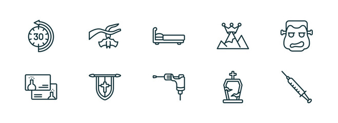 Poster - set of 10 linear icons from other concept. outline icons such as the 30 minutes, branch bat, sleeping bed, tattoo hine, tombstone with cross, syrnge vector