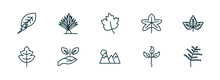 Set Of 10 Linear Icons From Nature Concept. Outline Icons Such As Natural Energy, Yucca, Gooseberry Leaf, Mountain Pse, Cuspicate, Cypress Leaf Vector
