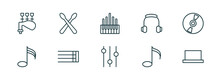 Set Of 10 Linear Icons From Music And Media Concept. Outline Icons Such As Bagpipes, Drumsticks, Organ, Music Player Tings, Quaver, Half Rest Vector