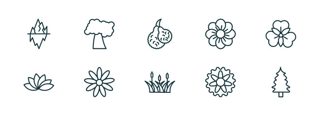 Wall Mural - set of 10 linear icons from nature concept. outline icons such as iceberg, black cherry tree, bergamot, reed, aster, eastern redcedar tree vector