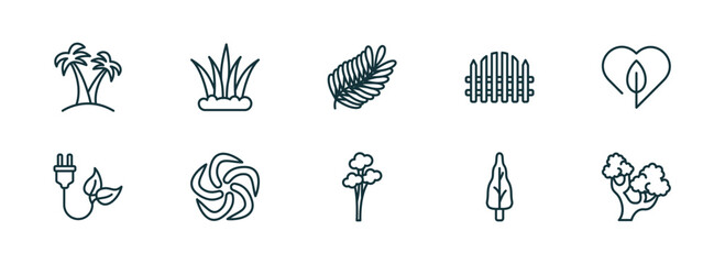 Poster - set of 10 linear icons from nature concept. outline icons such as palm islands, grass leaves, fern, quaking aspen tree, arborvitae tree, northern red oak tree vector