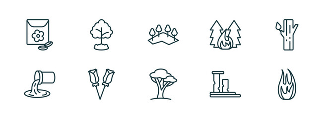 Poster - set of 10 linear icons from nature concept. outline icons such as flower seeds, tree growing, mountains with trees, savannah, ruins, fire flame vector