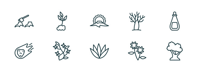 Poster - set of 10 linear icons from nature concept. outline icons such as deforestation, cultivation, japanese, agave, pair of flowers, white oak tree vector