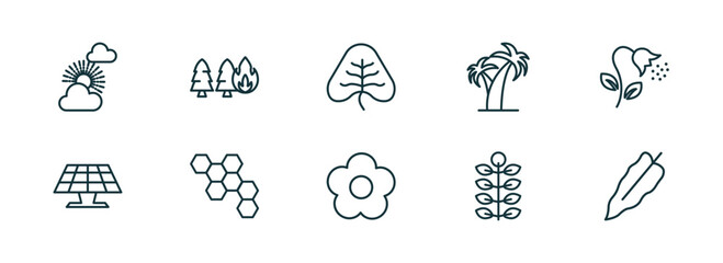 Poster - set of 10 linear icons from nature concept. outline icons such as sunny protic, pine tree on fire, cordate, season, american mountain ash, philodendron vector