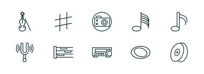 Poster - set of 10 linear icons from music and media concept. outline icons such as violoncello, sharp, photo camera, amplifier, whole, cymbal vector