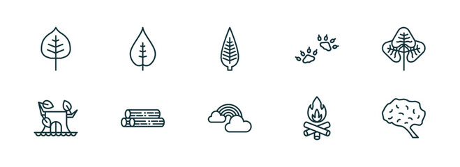 Poster - set of 10 linear icons from nature concept. outline icons such as cercis leaf, nut leaf, lanceolate, rainbow behind a cloud, camping bonfire, human brian vector