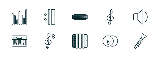 Poster - set of 10 linear icons from music and media concept. outline icons such as sound bars, repeat, harmonica, accordion, cymbals, oboe vector