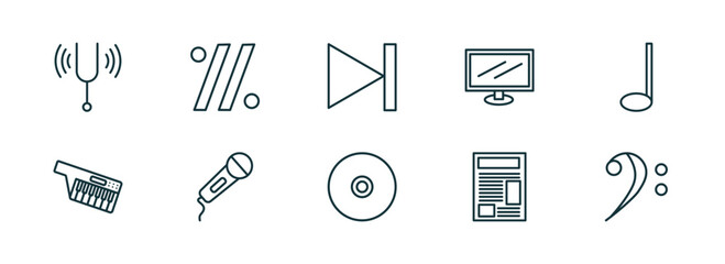 Poster - set of 10 linear icons from music and media concept. outline icons such as tuning fork, simile, skip, dvd disc, newspaper report, bass clef vector