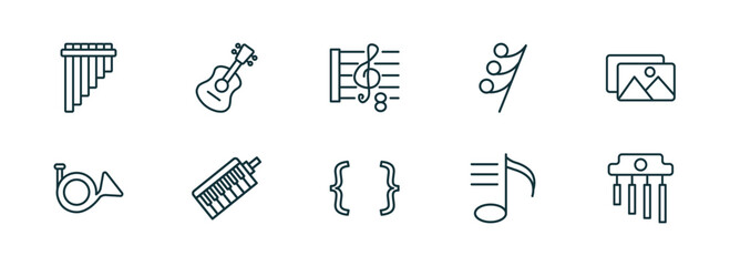 Poster - set of 10 linear icons from music and media concept. outline icons such as panpipe, ukelele, octave, brace, playlist, chimes vector
