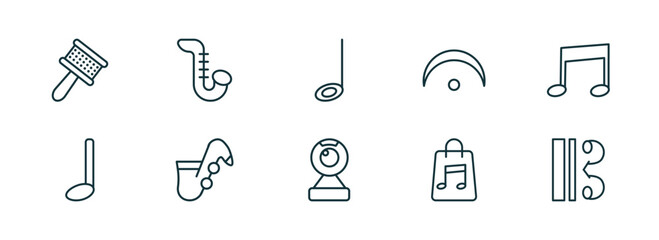 Poster - set of 10 linear icons from music and media concept. outline icons such as cabasa, saxophone, half note, webcam video call, music store, alto clef vector