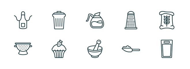 Poster - set of 10 linear icons from kitchen concept. outline icons such as apron, trash, coffee pot, mortar, scoop, kitchen board vector
