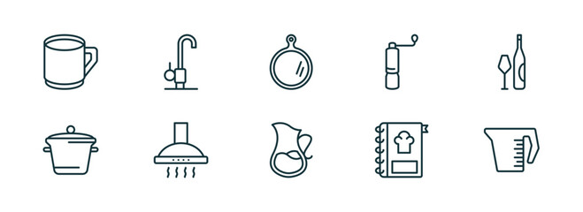 Poster - set of 10 linear icons from kitchen concept. outline icons such as mug, kitchen tap, chopping board, pitcher, recipe, measuring cup vector