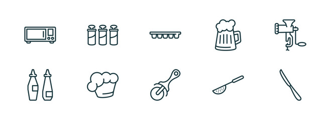 Poster - set of 10 linear icons from kitchen concept. outline icons such as microwave oven, spice jar, ice cube tray, pizza cutter, sugar sifter, steak knife vector