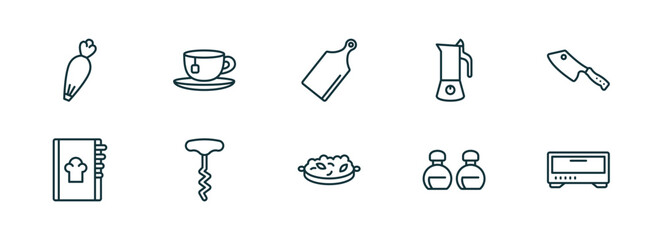 Poster - set of 10 linear icons from kitchen concept. outline icons such as pastry bag, tea cup, cutting board, paella, seasoning, bun warmer vector