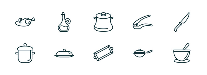 Poster - set of 10 linear icons from kitchen concept. outline icons such as broiler, olive oil, cooking pot, tray, skillet, soup bowl vector