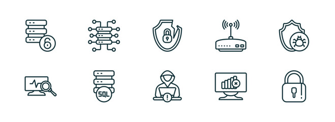 Poster - set of 10 linear icons from internet security concept. outline icons such as data unclocked, data streaming, internet attack, hacker, connection error, padlock vector