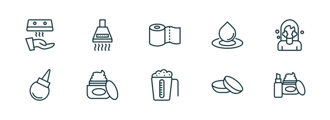Poster - set of 10 linear icons from hygiene concept. outline icons such as hand dryer, extractor, paper towel, detergent dose, lens, cosmetics vector