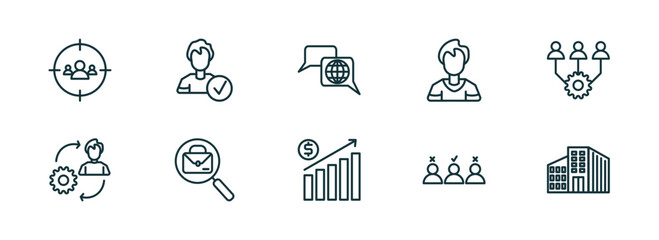 Wall Mural - set of 10 linear icons from human resources concept. outline icons such as target audience, candidate, language, earnings, selection process, company vector