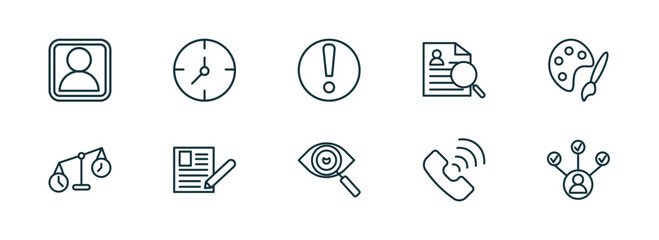 Poster - set of 10 linear icons from human resources concept. outline icons such as profiles, timing, urgent, appearance, call, multitask vector